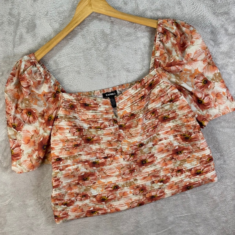 Express Floral Crop Top Ruched Square Neck Puff‎ Sleeve Blouse Womans Sz XL